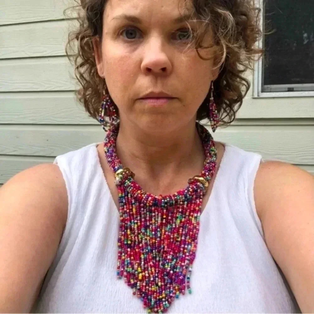 Gorgeous Handmade Seed Bead Statement Fringe Necklace & Earring Set NWT